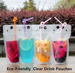 500 stks Clear Drink Pouches Tassen Zipper Stand-Up Plastic Drinktas met Stro met Houder Reclosable Heat-Proof-Juice Coffee Liquid Tassen