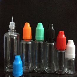 500 stuks E-vloeistof PET-druppelflesje met kleurrijke kindveilige doppen Lange dunne tips Doorzichtige plastic naaldflessen 5 ml 10 ml 15 ml 20 ml 30 ml 5 Tcgu