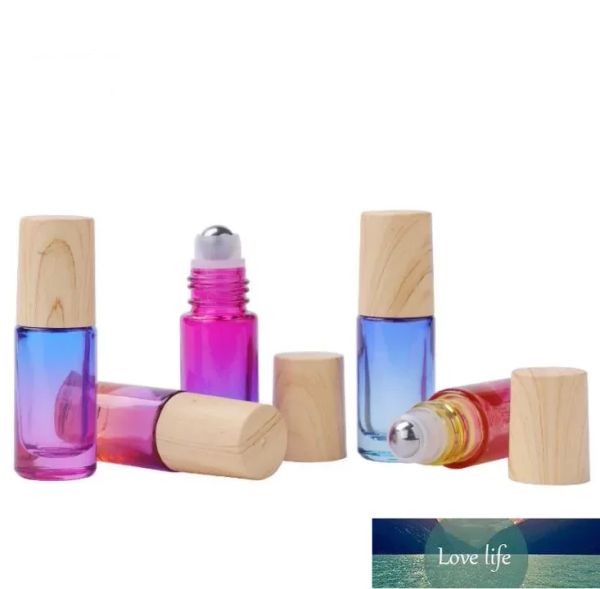 500pcs / lot 5ML Dégradé Couleur Roll-On Parfum Bouteille D'huile Essentielle En Acier Métal Roller Ball Bouteilles avec Bois Looks Bouchon En Plastique En Gros