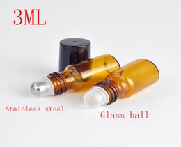 500 stks / partij Snelle verzending 3ml Amber Glass Roll op etherische olie Lege parfumfles roestvrij stalen roller bal glazen bal
