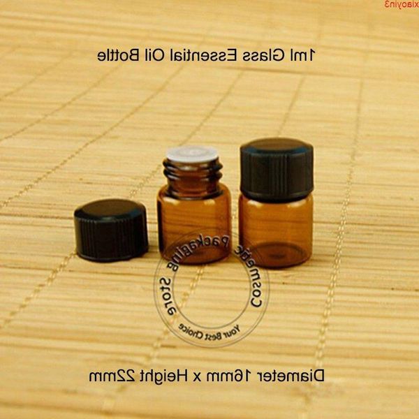 500 unids/lote, venta al por mayor, botella de aceite esencial de vidrio vacía de 1ml, tapa negra, 1/10OZ, Mini tarro de muestra ámbar, tapa de rosca pequeña, cantidad de pothigh recargable Agog