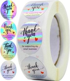 500 stks Rainbow Holo Dankje stickers 4 ontwerpen holografisch voor het ondersteunen van mijn kleine zakelijke geschenklabels wrap273S273W1212509