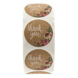 500 stks / roll 1 inch kraft bruin papier dank u label met bloem ronde geschenk verpakking afdichting stickers labels DIY handgemaakt