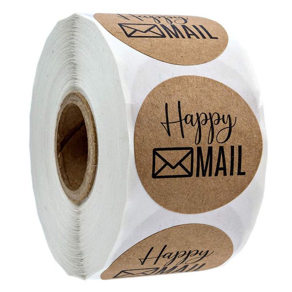 Rouleau d'autocollants Happy Mail, étiquette autocollante ronde Kraft de remerciement, pour emballage d'enveloppe d'expédition de petite entreprise, 1 pouce, 500 pièces/rouleau