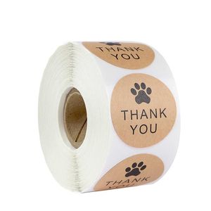 500 stks / roll Natuurlijke Kraftpapier Dank u Stickers Seal Labels Dog Paw Print 1 Inch Gift Verpakking Kantoorbehoeften Sticker