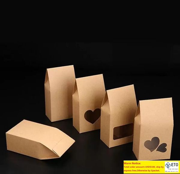 500pcslot Cookies Noix Sacs d'emballage cadeau Stand Up Kraft Paper Boxes Avec Heart Shape Clear Window Pocket