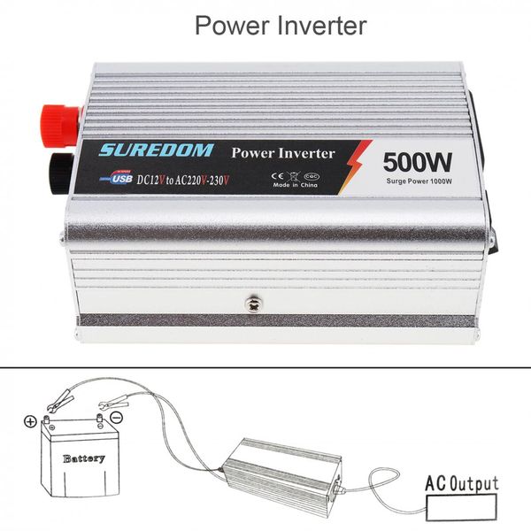 Freeshipping 500W DC 12V 24V a AC 220V 110V Inversor de corriente del vehículo Adaptador USB Transformador de voltaje portátil Cargador de coche Potencia de sobretensión 1000W