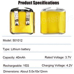 501012 3.7V Polímero Lipo Lithium Batería recargable 50 mAh para auriculares Bluetooth, llave de automóvil, UAV, dispositivo electrónico inteligente general