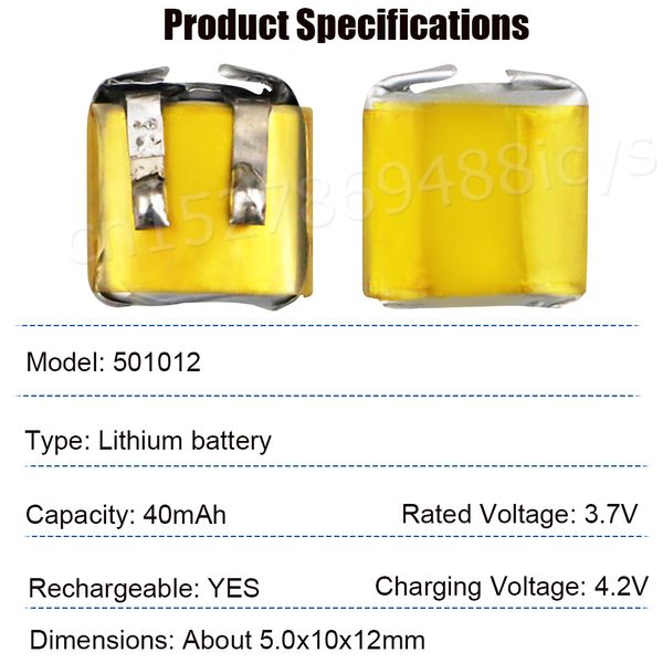 501012 3.7V Polímero Lipo Lithium Batería recargable 50 mAh para auriculares Bluetooth, llave de automóvil, UAV, dispositivo electrónico inteligente general