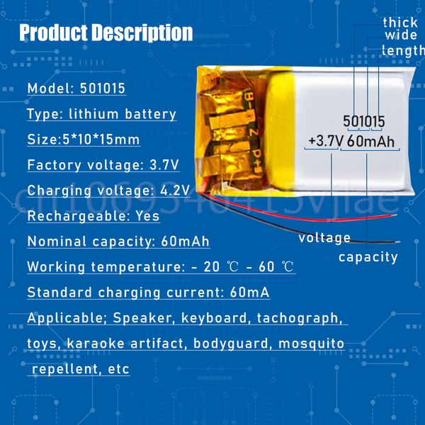 501015 3,7 V 60mAh Lithium Polymer Lipo Batterie rechargeable pour MP4 DVD GPS Bluetooth Headset Aid Video stylo Smart Watch