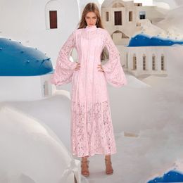 502 XL 2024 Milán Vestido de la pista Summer Manija larga Cuello Vestidos rosados Vestidos para mujer Fashion Boka de alta calidad