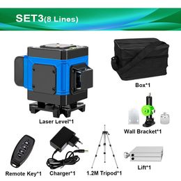 Freeshipping 505-550nm 8 lijnen groene laserniveau zelfnivellerende draadloze afstandsbediening 360 horizontale verticale kruislijnen met batterij-statief