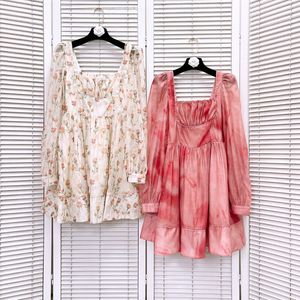 506 L 2024 Milaan Runway Dress Spring Summer Lange Mouw Squared Neck Abrikoos Roze jurken Damesjurk Mode Hoge kwaliteit Luxijia