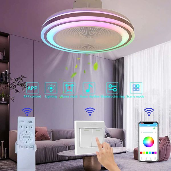 Ventilateur de plafond de 50 cm avec télécommande LED Contrôle de haut-parleur Smart Bluetooth Chandelier 6 vitesses pour l'éclairage du salon à domicile