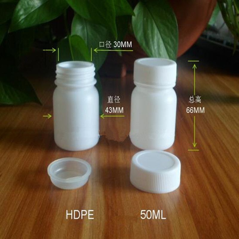 HDPE les bouteilles d'emballage en plastique de 50g grandes bouteilles rondes bouteille d'échantillon avec une résistance de capuchon intérieur à 1000pcs acides et alcalins