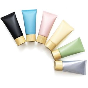 50 ml 100 ml kleurrijke matte plastic squeeze slang fles cosmetische buizen bijvulbare reis lippenbalsem container met bamboekap