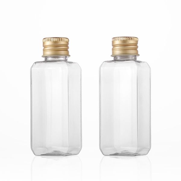 Botella cuadrada de loción cosmética de plástico vacía transparente de 50 ml con tapa de rosca dorada Envases de embalaje de PET de champú de 50 cc