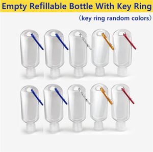 50 ml lege alcohol hervulbare fles met sleutelhangerhaak doorzichtige transparante plastic fles handdesinfecterend middel voor reisfles DHL6272790