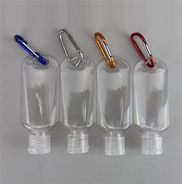 Bouteille rechargeable d'alcool vide de 50 ml avec porte-clés crochet bouteille de désinfectant pour les mains en plastique transparent bouteille de voyage en plein air DHL Shippin9619079