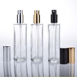 Botella de spray de perfume de vidrio transparente vacío de 50 ml 166 oz Atomizador cuadrado recargable con tapa de bomba negra de oro negro JVAQW