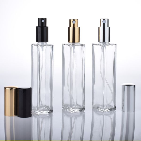 Flacon pulvérisateur de parfum en verre transparent vide de 50ML, atomiseur carré rechargeable de 1.66Oz avec bouchon de pompe noir or noir