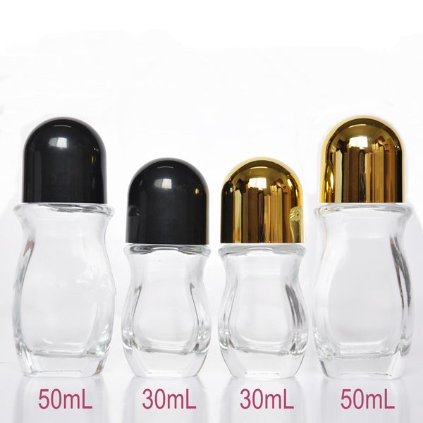 Vidrio transparente Roll On Bottles 30ml 50ml Desodorante líquido Cosmético Cuidado personal Roll-on Container con Big Roller Ball F2881