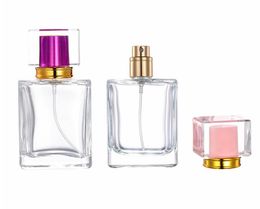 50ml couvercle multicolore bouteille en verre carrée transparente parfum vaporisateur emballé