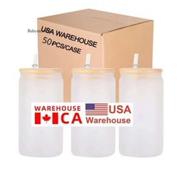 50 Pack USA CA Warehouse a granel al por mayor 16 oz sublimación tumblers de la prensa de calor puede dar forma a las tazas de vidrio de soda con tapa y paja 0514