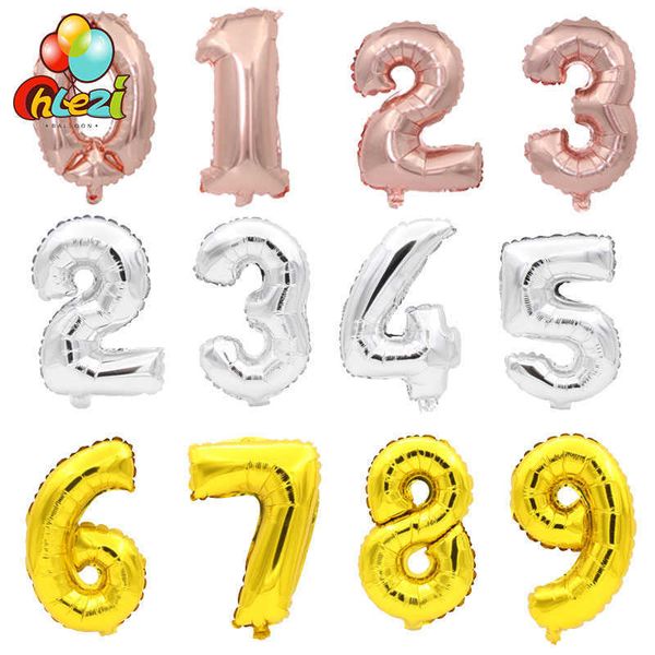 50pc / lot 16 pouces numéro feuille ballons rose or argent numérique fête d'anniversaire décoration de mariage bébé douche fournitures en gros 210626