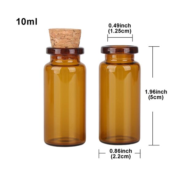 Bouteilles en verre ambré de 10ml, 50 pièces, bocaux en verre avec bouchon en liège pour l'artisanat, taille: 22x50x12.5mm