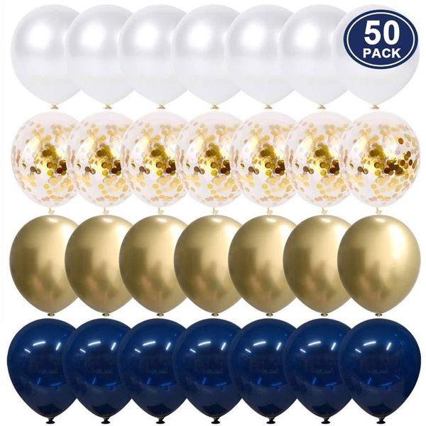 50 Uds. Globos metálicos dorados y blancos de perlas de 12 pulgadas para Baby Shower, boda, fiesta de cumpleaños, confeti dorado azul marino, decoración de globos de látex Ki304T