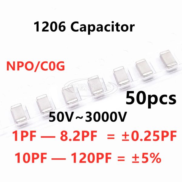 50pcs 1206 Condensateur SMD 1/1,8 / 2/2,2 / 2,7 / 3/3,9 / 4.7/5 / 5.6 / 6.8 / 8.2/10/12/15/18/22/22/27/30/33/39/47 /56/68/82 / 100pf 120pf NPO C0G