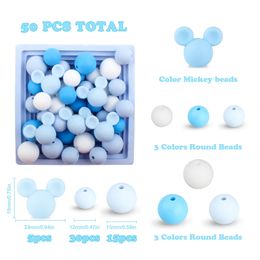 50pcs 12 mm perles de silicone rondes de la souris de forme de la souris de dents de dentition focale lâche pour les clips de tétine