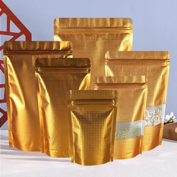 50pcs 18 * 26cm Grand sac en papier d'aluminium gaufré doré Stand Up Sac en plastique Mylar doré refermable Sacs de stockage de grains de haricots alimentaires Hhigp