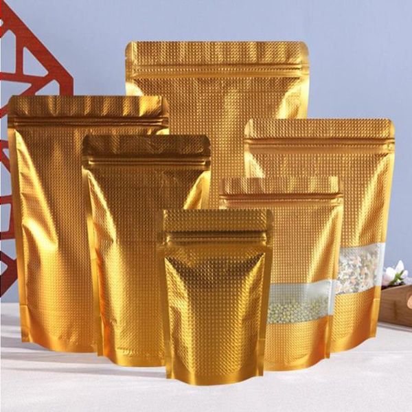 50 unids 18 * 26 cm Bolsa de papel de aluminio grande en relieve de oro Stand Up Resellable Golden Mylar Bolsa de plástico Bolsas de almacenamiento de granos de frijol Eujpa