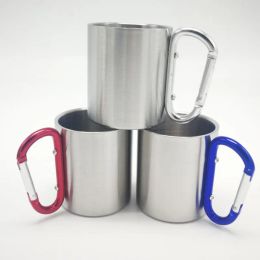 50pcs Livraison gratuite 220 ml en acier inoxydable tasse de café extérieur tasse à double mur à crochet carabiner handle tasse de tasses LL