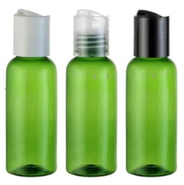 50 uds/50ml contenedor de botellas de cosméticos PET vacías verdes con tapa de prensa, botellas de plástico de tamaño de viaje de 50cc con tapones de rosca salida de fábrica