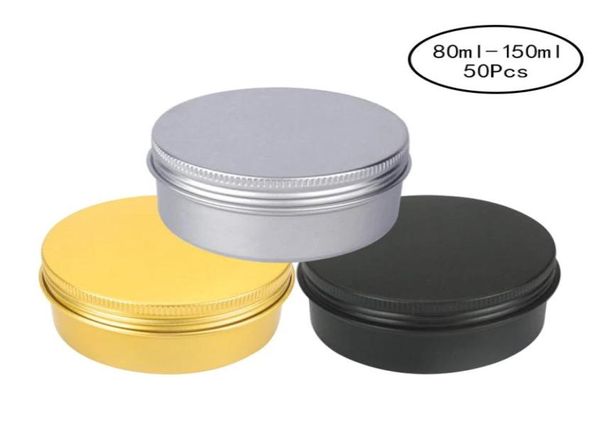 50pcs 80100150 ml Pot de bougie en aluminium en aluminium Silver Cosmetic Crème Échantillon noir Rempillable Bouteille de rangement en métal pour BO4005749