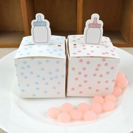 50pcs forme de biberon boîte-cadeau points roses et bleus dessin animé bébé douche anniversaire faveur boîtes de bonbons célébration fête papier Box261B