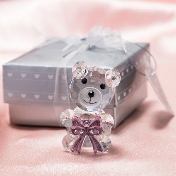 50 Uds. De recuerdos para Baby Shower, adorno de oso de peluche de cristal con lazo rosa en caja de regalo para niña, recuerdo de cumpleaños, recuerdos de bautismo para recién nacidos