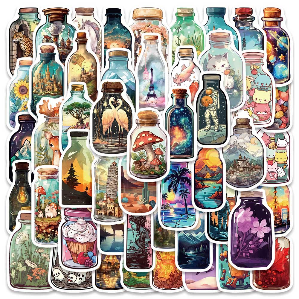 Autocollants du monde en bouteille de verre, étiquette graffiti de forêt de champignons, pour bricolage, bagages, ordinateur portable, moto, vélo S, 50 pièces