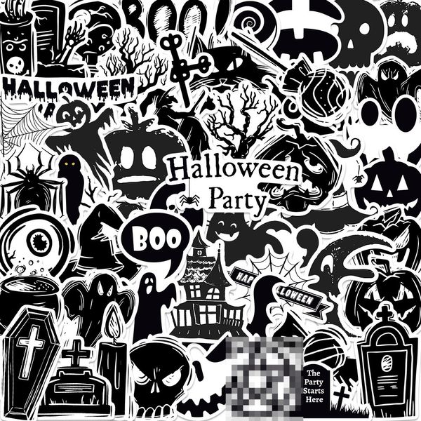 50 pegatinas góticas en blanco y negro para fiesta de Halloween, grafiti espeluznante, juguete para niños, monopatín, coche, motocicleta, pegatinas adhesivas para bicicleta