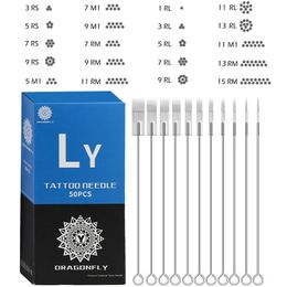 50 unids/caja agujas de tatuaje esterilizadas surtidas desechables revestimiento redondo 1RL 3RL 5RL 7RL 14RL para puntas de agarre de pistola de máquina Microblading 231229