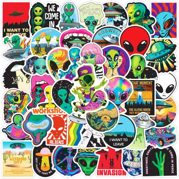 50 pièces dessin animé extraterrestres UFO autocollants extraterrestre drôle soucoupe homme graffitis autocollants pour bricolage bagages ordinateur portable planche à roulettes moto vélo autocollants
