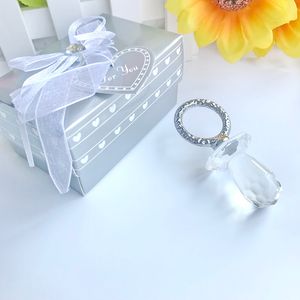 50 stks baby shower gunsten helder kristallen fopspeen met zilveren metalen cirkel in cadeaubakdoos pasgeboren schenkingscadeau