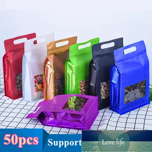 50pcs Color Papel de aluminio Ventana Bolsa resellable Cereales portátiles Galletas Azúcar Maíz Frutas NutsSnack Regalos Bolsas de embalaje Precio de fábrica diseño experto Calidad