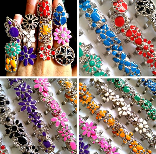 50pcs coloré belles femmes charme émail fleur anneaux taille ajustée dames filles fête anneaux cadeau d'anniversaire en gros bijoux chauds