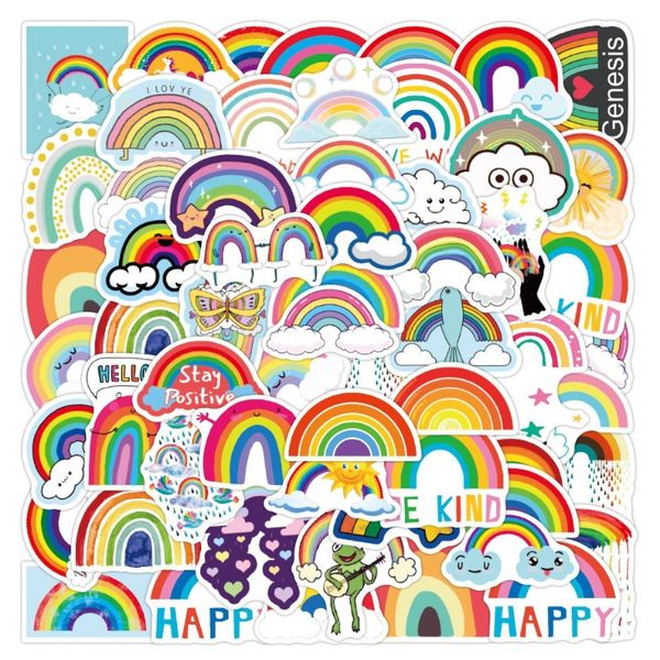 50 Uds. Pegatinas coloridas de arcoíris de dibujos animados de puente de arcoíris DIY para motocicleta, teléfono, guitarra, portátil, equipaje de viaje, pegatina clásica para chico