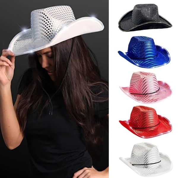 50 Uds. Sombrero LED de vaquera con luz intermitente, sombreros de vaquero con lentejuelas, gorras luminosas, disfraz de Halloween FY7970 ss0530