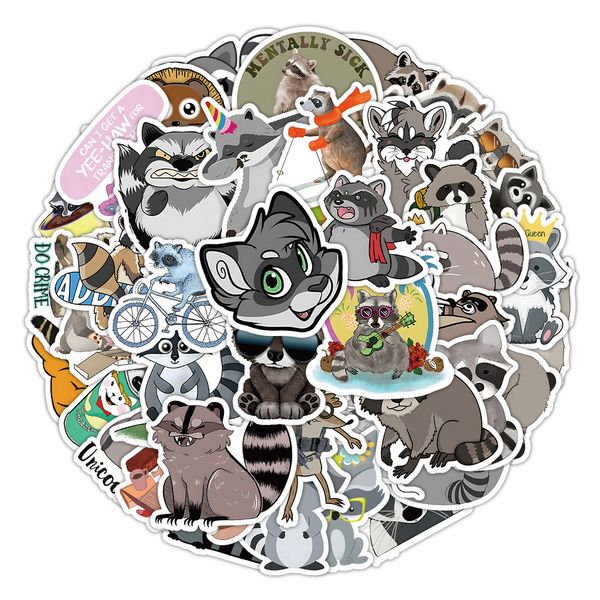 Paquete de pegatinas de PVC impermeables con animales de dibujos animados de mapache personalizados, 50 Uds., para nevera, coche, maleta, portátil, taza, teléfono, escritorio, bicicleta, monopatín.